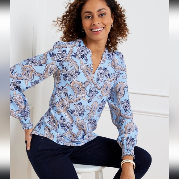 Talbots Smocked Cuff Popver -Medallion Rose V-Neck Long Sleeve Blouse Size XL - Picture 1 of 14